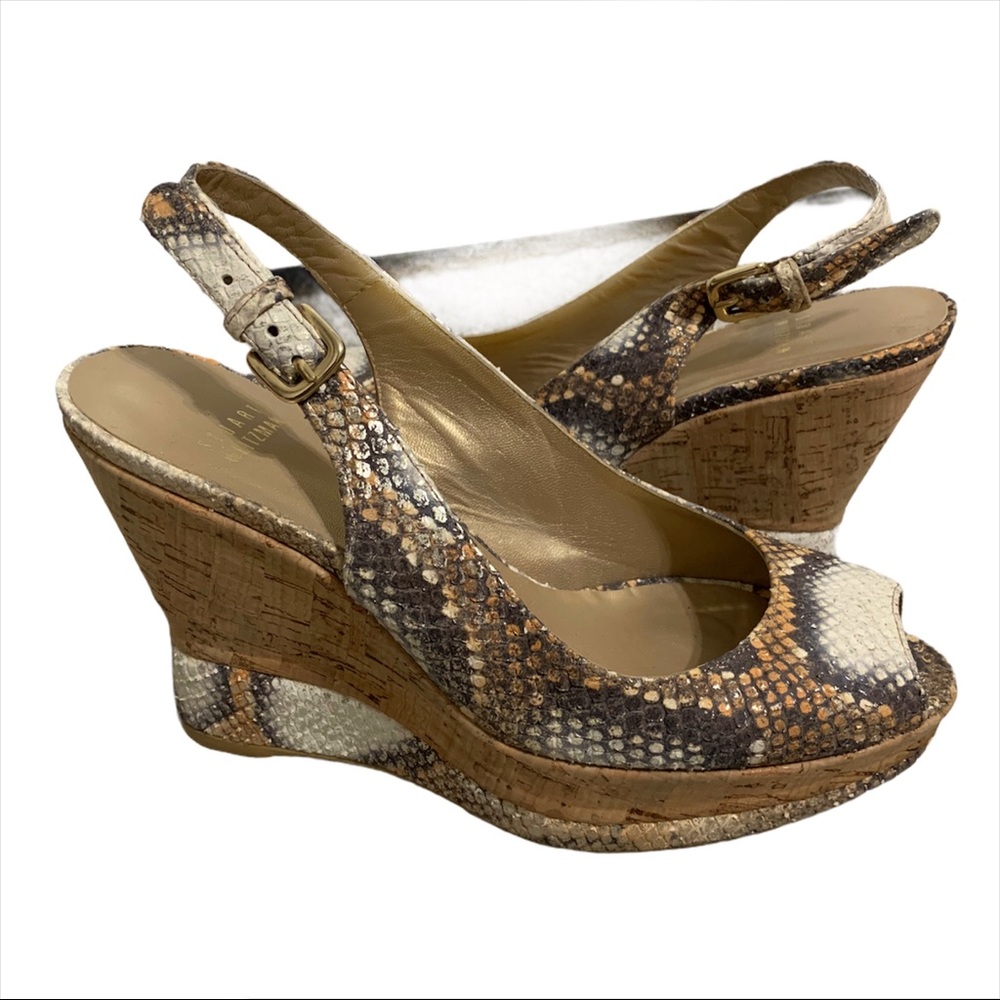STUART WEITZMAN Snake Embossed Leather Cork Wedges - Picture 1 of 7